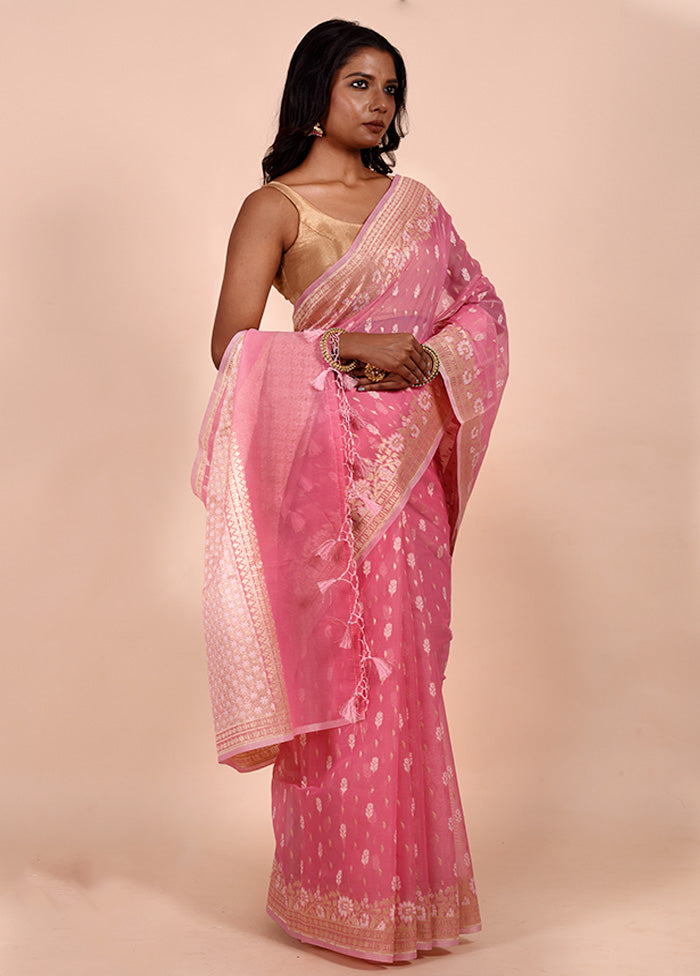 Pink Kora Silk Saree With Blouse Piece Free Shipping Genuine