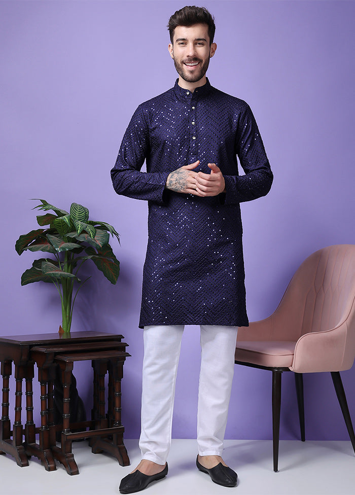 2 Pc Navy Blue Silk Kurta Pajama Set Fast Delivery Sale Online