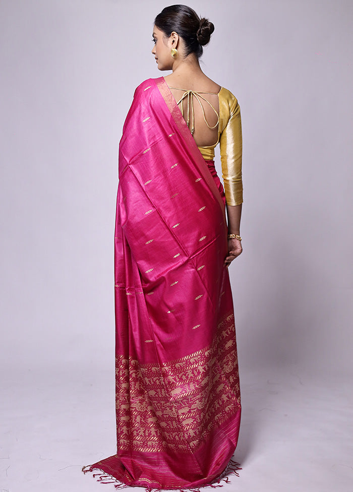 Pink Handloom Tussar Pure Silk Saree With Blouse Piece Cheap Sale Outlet