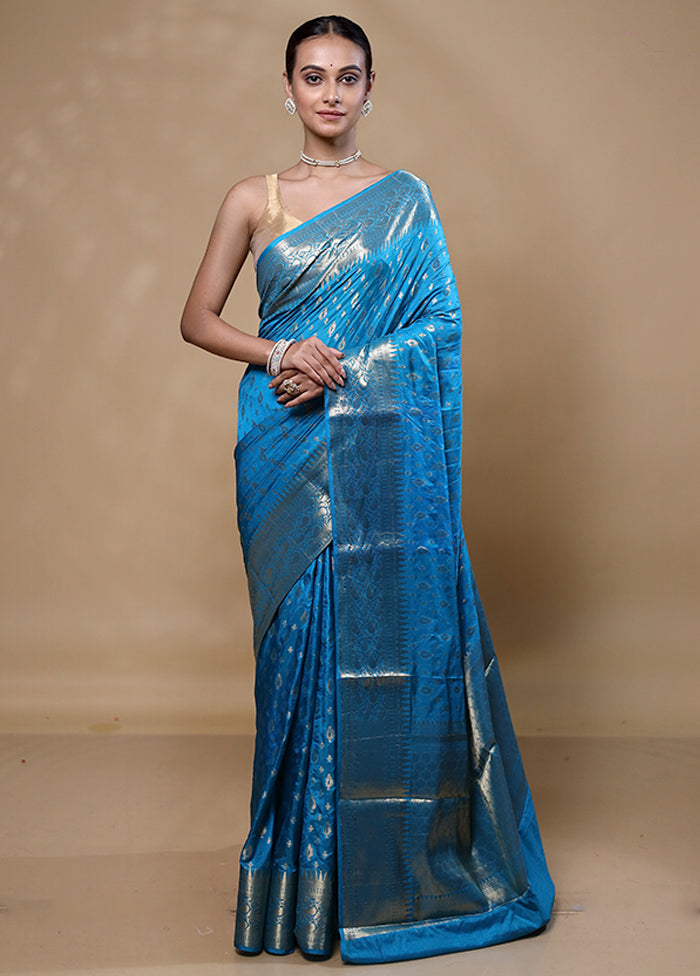 Blue Dupion Silk Saree With Blouse Piece Buy Cheap 2025 Unisex