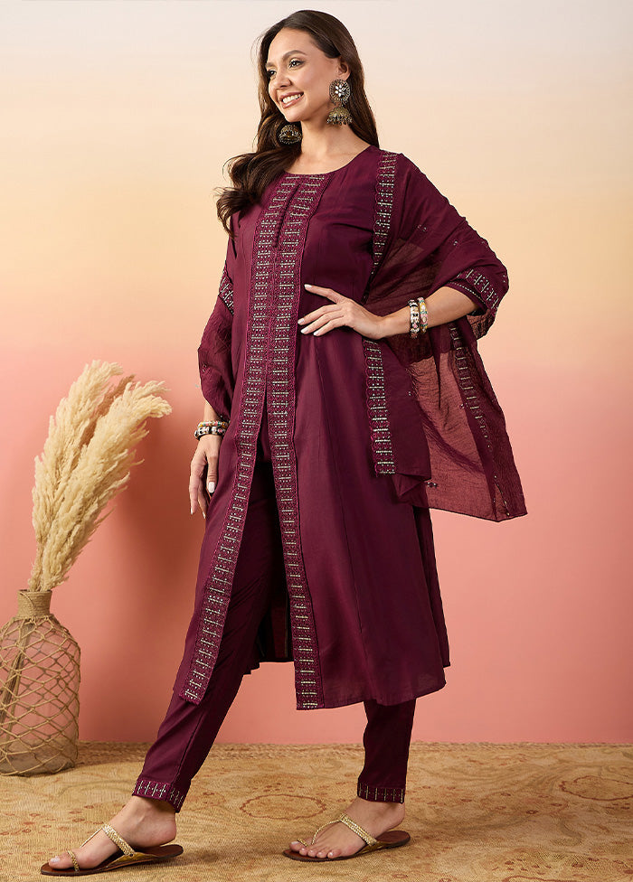 3 Pc Maroon Pure Readymade Silk Suit Set Sale Tumblr