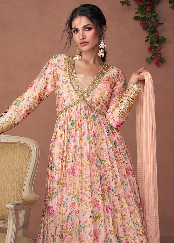 3 Pc Light Peach Semi Stitched Silk Suit Set Discount Store