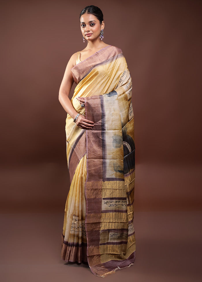 Yellow Handloom Tussar Pure Silk Saree With Blouse Piece Cheap Sale 2025 New