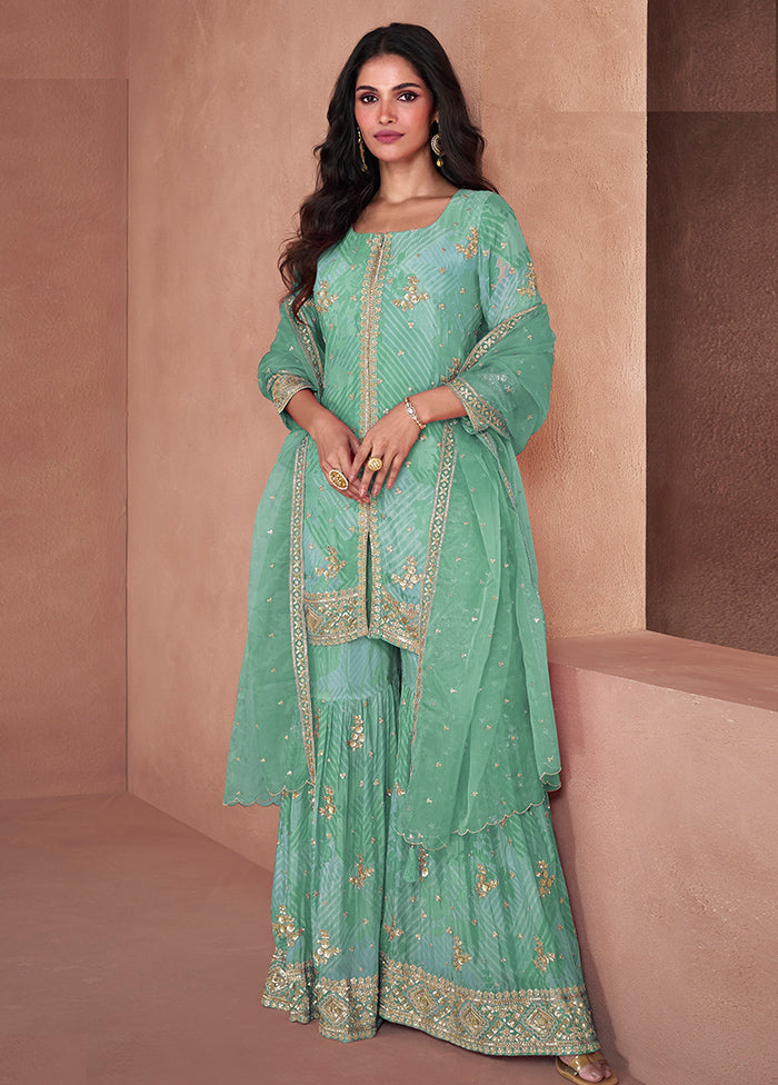 3 Pc Sea Green Semi Stitched Georgette Suit Set Browse For Sale