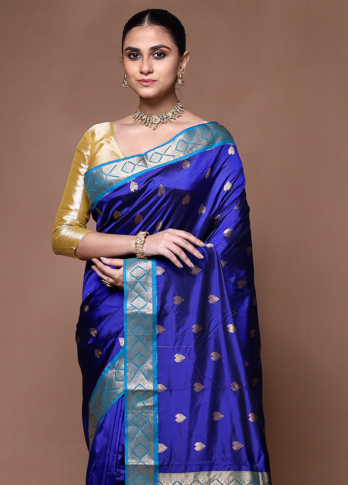 Blue Handloom Kanjivaram Pure Silk Saree With Blouse Piece Shop For Cheap Pice