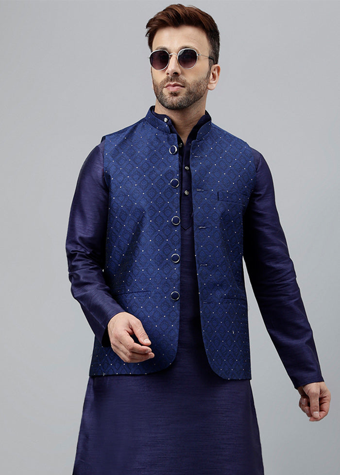 3 Pc Navy Blue Dupion Silk Nehru Set Free Shipping Perfect