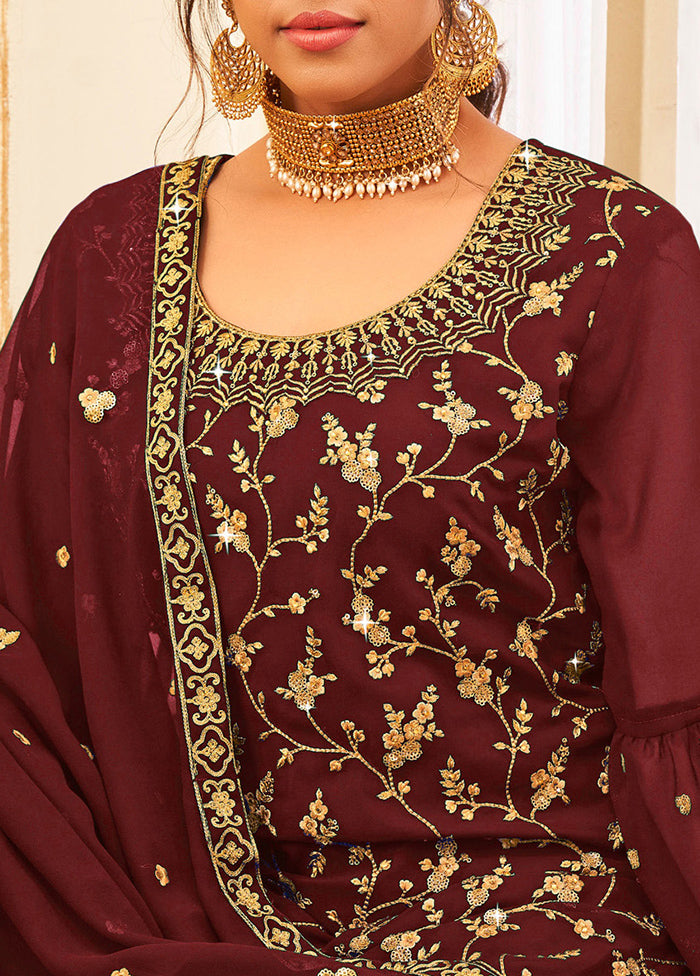 3 Pc Maroon Semi Stitched Georgette Suit Set Cheap Visit