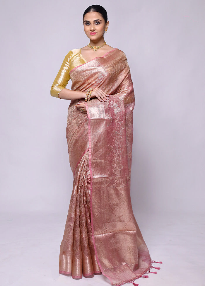 Pink Crushed Tissue Silk Saree With Blouse Piece For Sale Top Quality