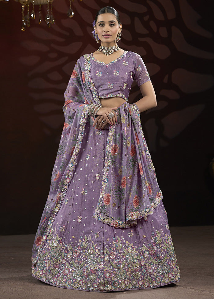 3 Pc Purple Silk Semi Stitched Lehenga Set Cheap Pice Cost