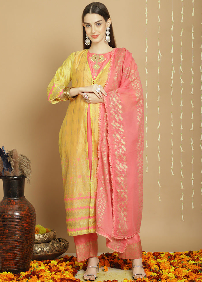 3 Pc Yellow Unstitched Chanderi Suit Set Classic Cheap Pice