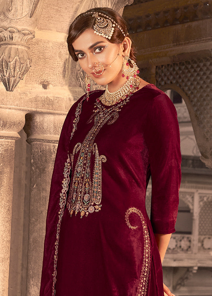 3 Pc Maroon Unstitched Velvet Suit Set Real For Sale