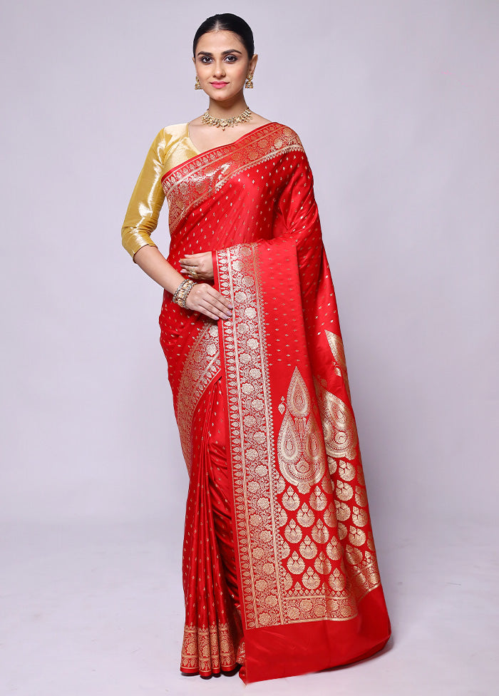 Red Banarasi Silk Saree With Blouse Piece Cheap Sale Finishline