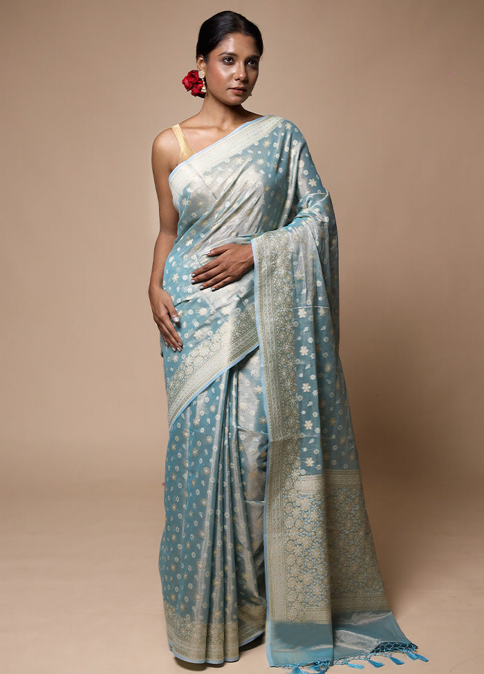 Blue Tissue Silk Saree With Blouse Piece Discount 2025 New