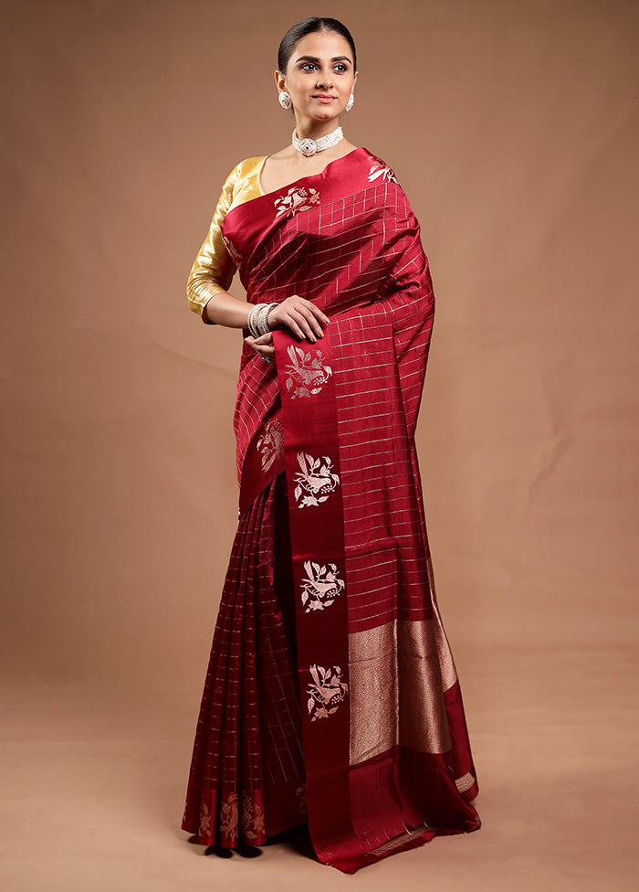 Maroon Handloom Katan Pure Silk Saree With Blouse Piece Discount For Cheap