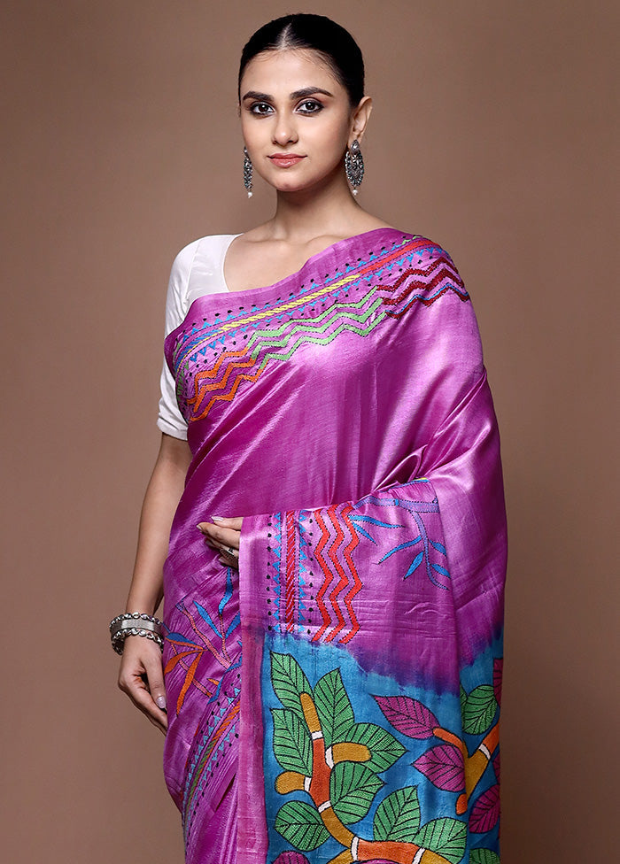 Purple Handloom Kantha Stitch Pure Silk Saree With Blouse Piece Free Shipping Online