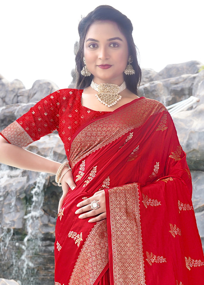 Red Satin Silk Saree With Blouse Piece Sale View