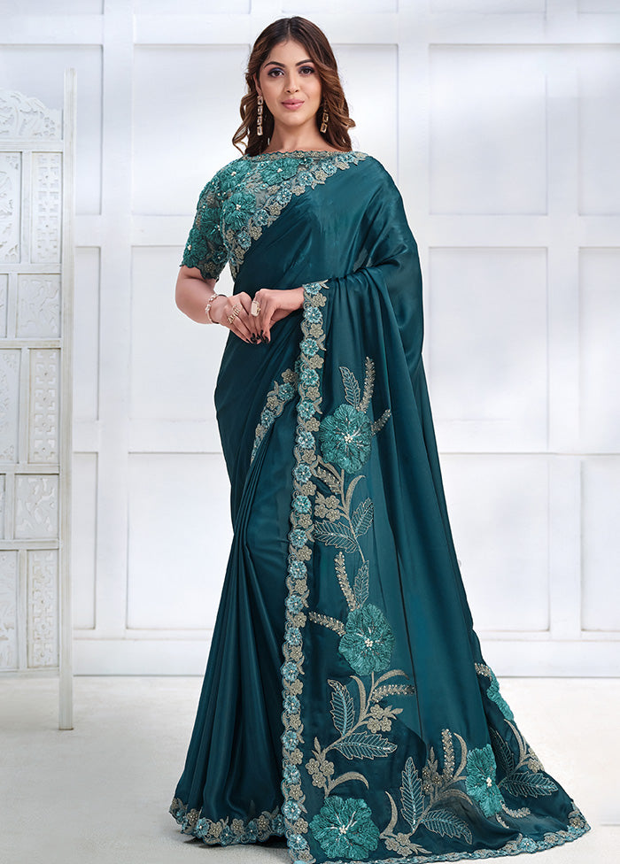 Teal Crepe Silk Saree With Blouse Piece Cheap Sale Good Selling