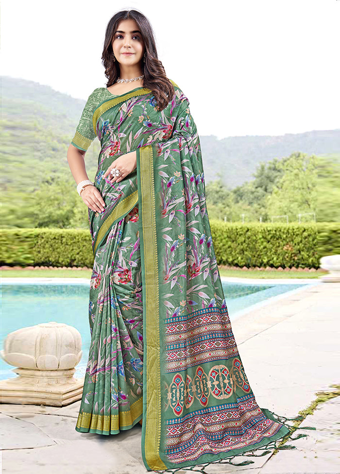 Green Spun Silk Saree With Blouse Piece Comfortable Cheap Pice