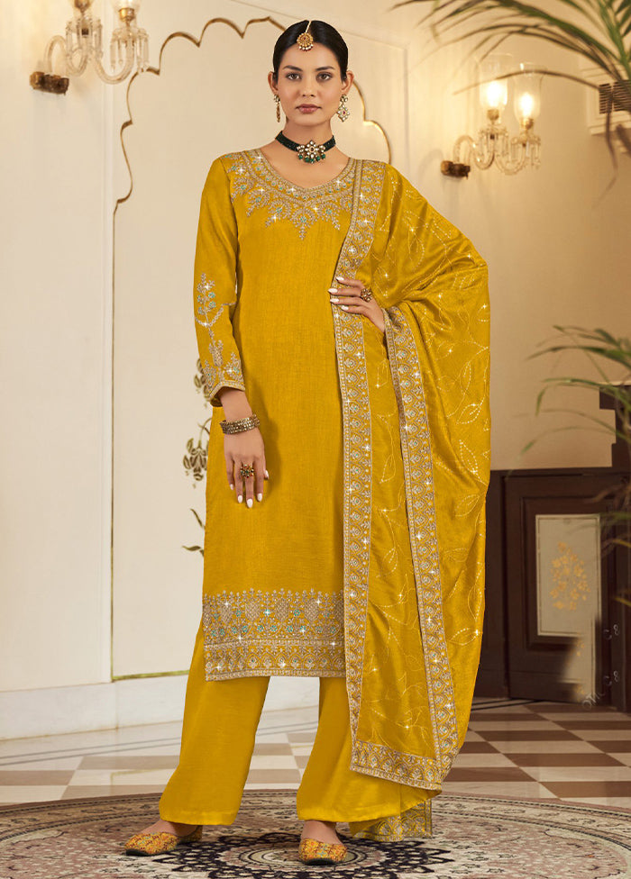 3 Pc Yellow Pure Semi Stitched Silk Suit Set Amazing Pice