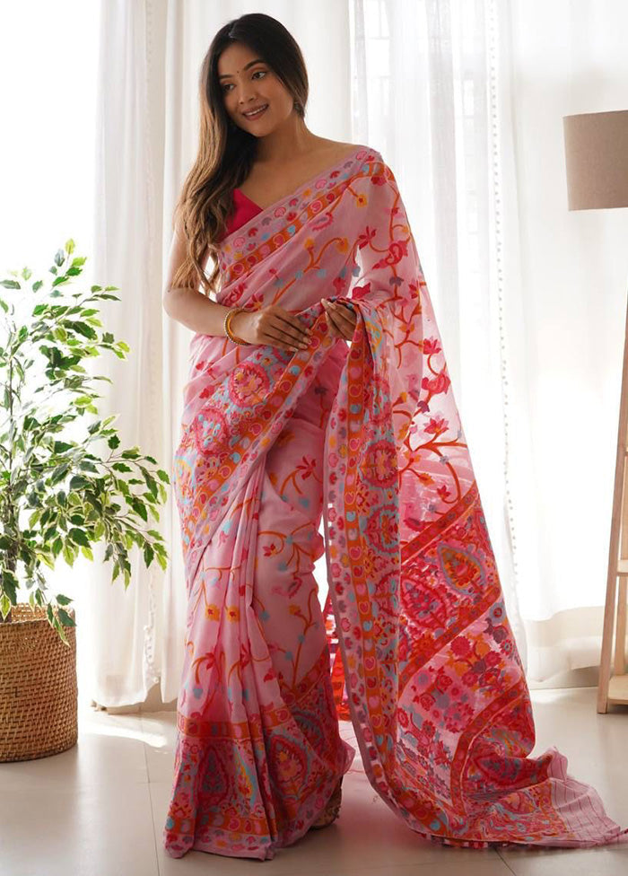 Pink Banarasi Silk Saree With Blouse Piece Big Discount For Sale