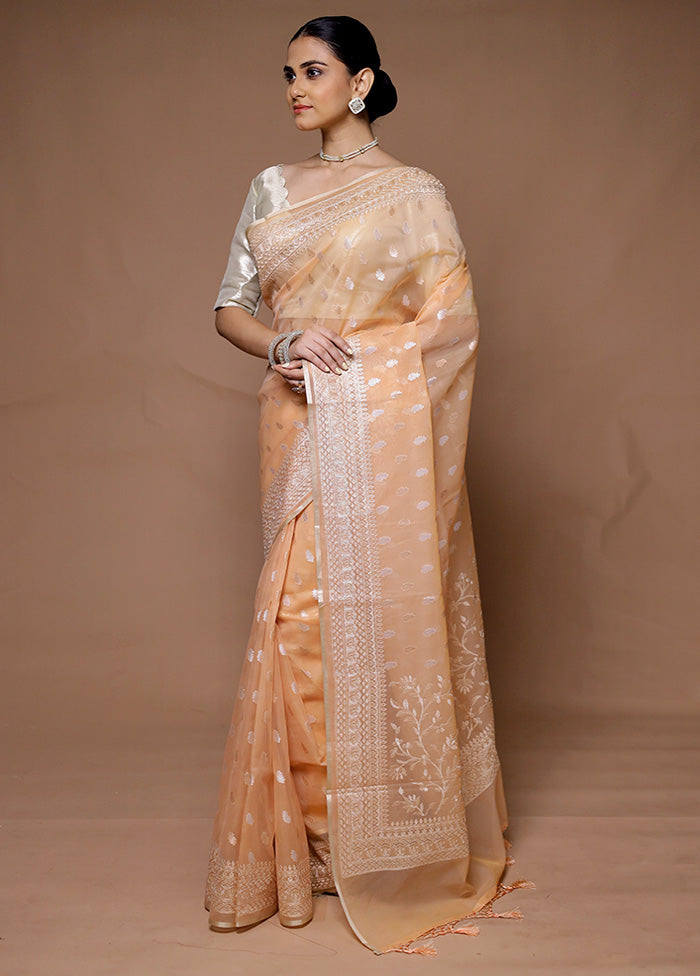 Peach Organza Saree With Blouse Piece Cheap Geniue Stockist