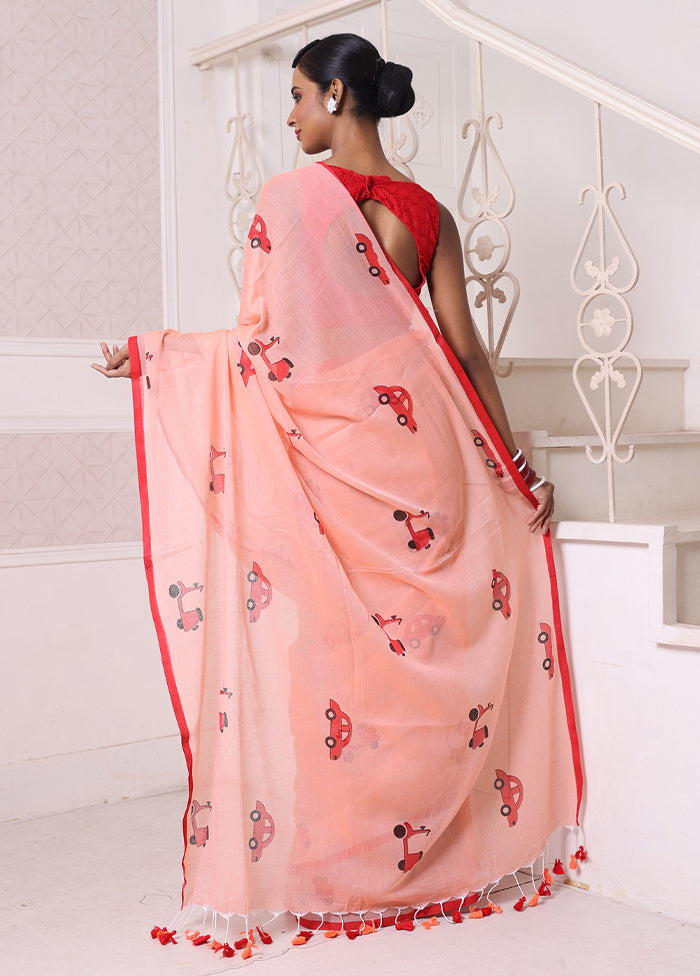 Peach Cotton Uber Print Saree Without Blouse Piece Huge Surprise For Sale