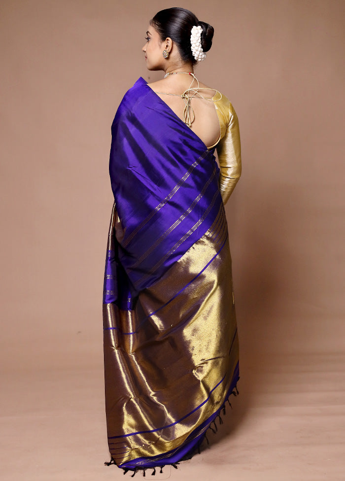 Blue Handloom Kanchipuram Pure Silk Saree With Blouse Piece Visit For Sale