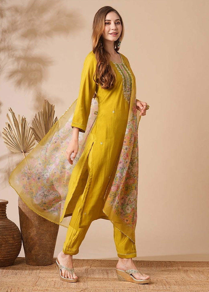 3 Pc Mustard Readymade Cotton Suit Set Fashionable For Sale