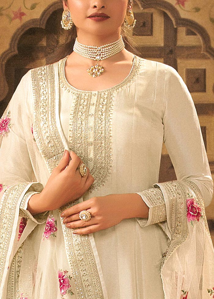 3 Pc Cream Semi Stitched Silk Suit Set Discount The Cheapest