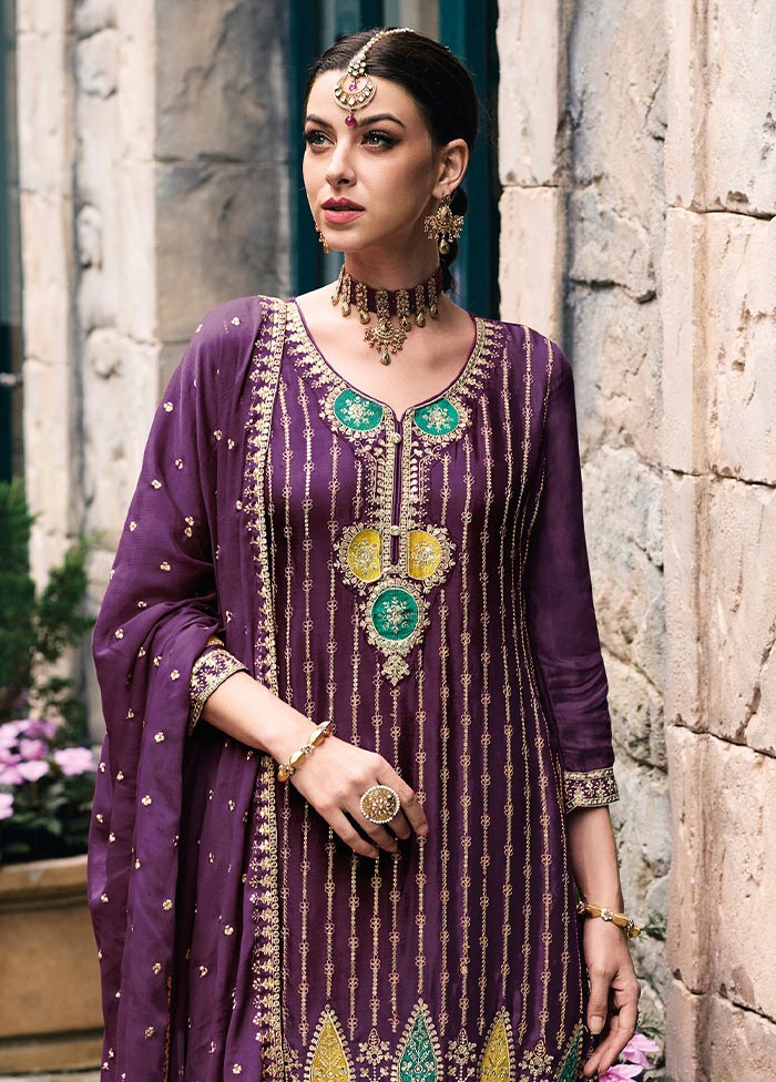 3 Pc Purple Semi Stitched Silk Suit Set 2025 New Cheap Pice