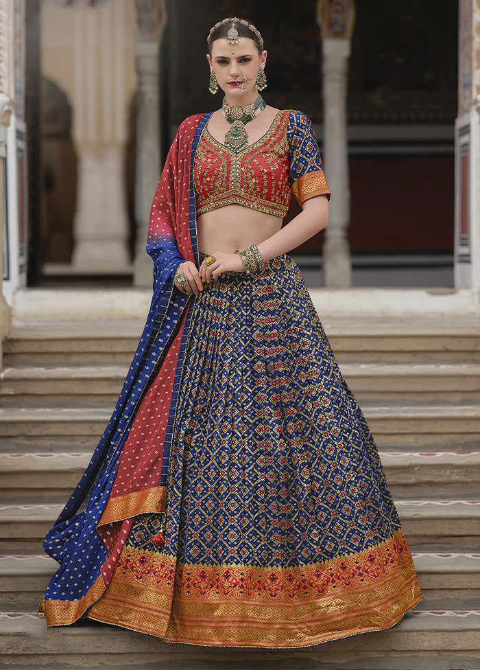 3 Pc Blue Silk Semi Stitched Lehenga Set Sale Fast Delivery