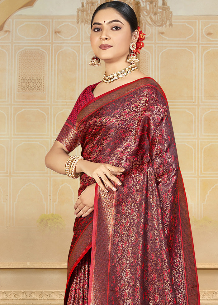 Red Spun Silk Saree With Blouse Piece Cheap Sale Fashionable