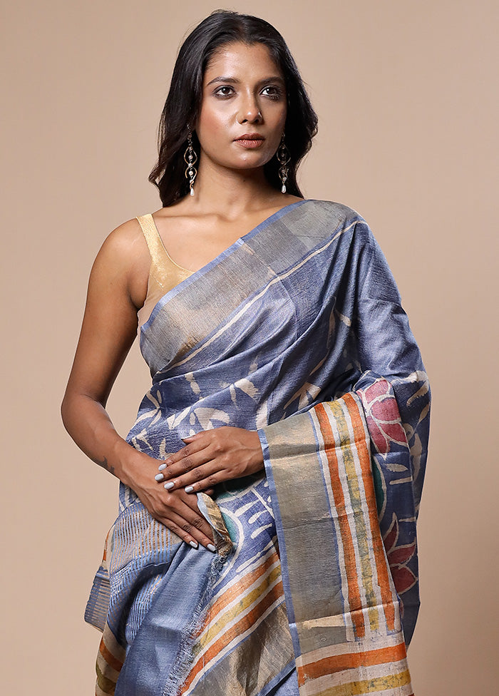 Blue Handloom Tussar Pure Silk Saree With Blouse Piece Where To Buy