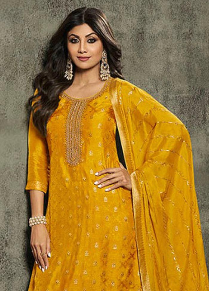 3 Pc Mustard Semi Stitched Viscose Suit Set Sale Free Shipping