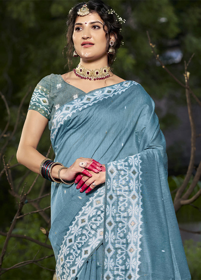 Light Blue Cotton Saree With Blouse Piece Discount Pay With Paypal