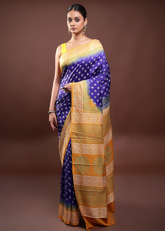 Blue Printed Pure Silk Saree Without Blouse Piece Cheap Sale Exclusive