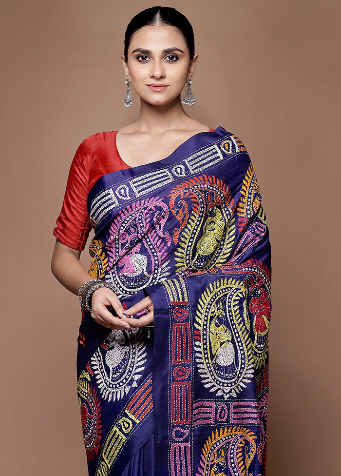 Blue Kantha Stitch Silk Saree With Blouse Piece Outlet Shop