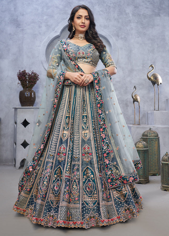 3 Pc Blue Silk Semi Stitched Lehenga Set Free Shipping With Mastercard