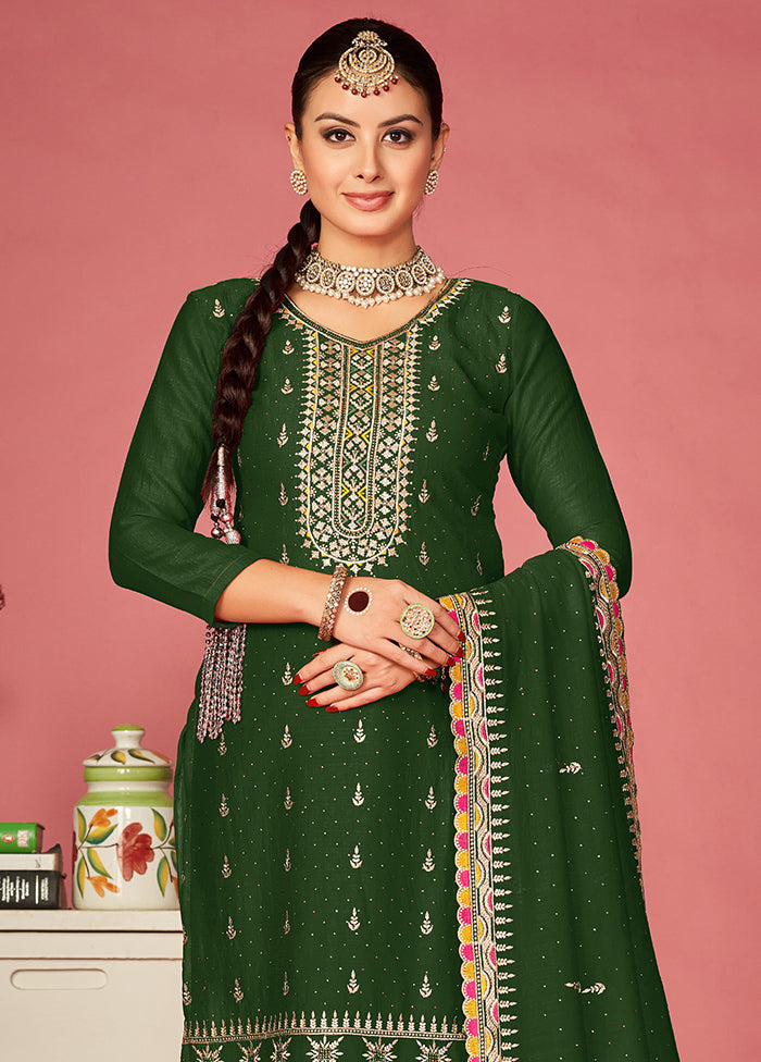 3 Pc Green Semi Stitched Silk Suit Set Discount Exclusive