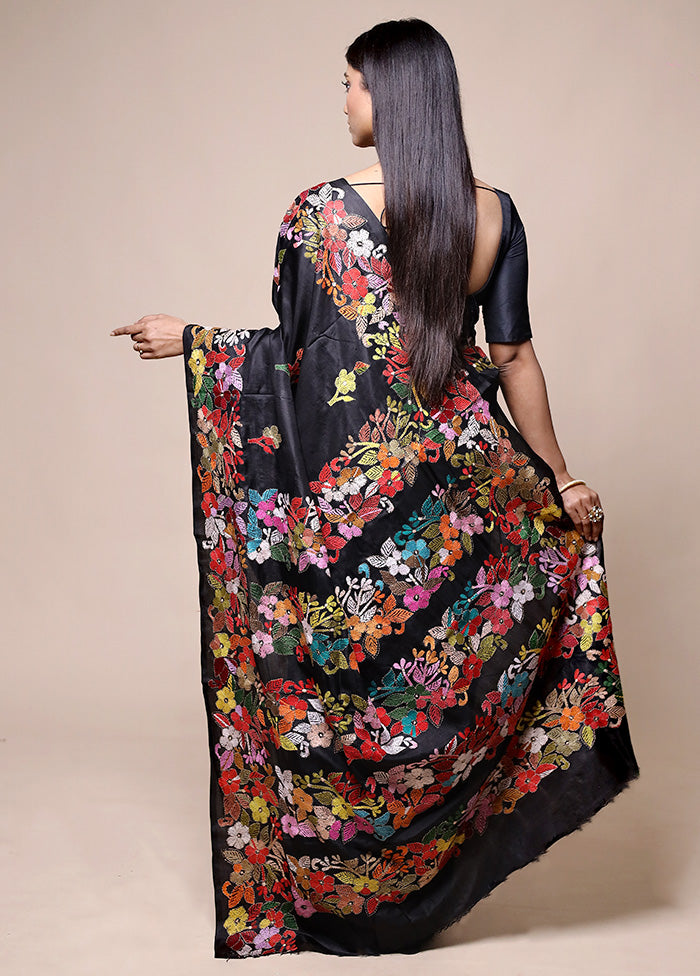 Black Handloom Kantha Stitch Pure Silk Saree With Blouse Piece Cheap Sale Geniue Stockist