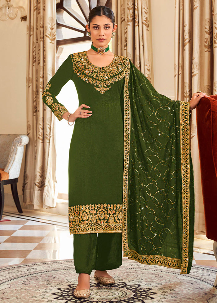 3 Pc Mehendi Green Pure Semi Stitched Silk Suit Set Inexpensive