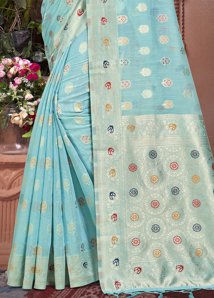 Sky Blue Cotton Saree With Blouse Piece Free Shipping Geniue Stockist