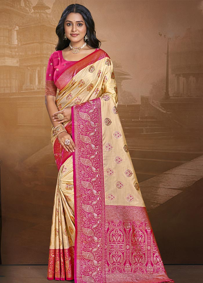 Beige Dupion Silk Saree With Blouse Piece Clearance In China