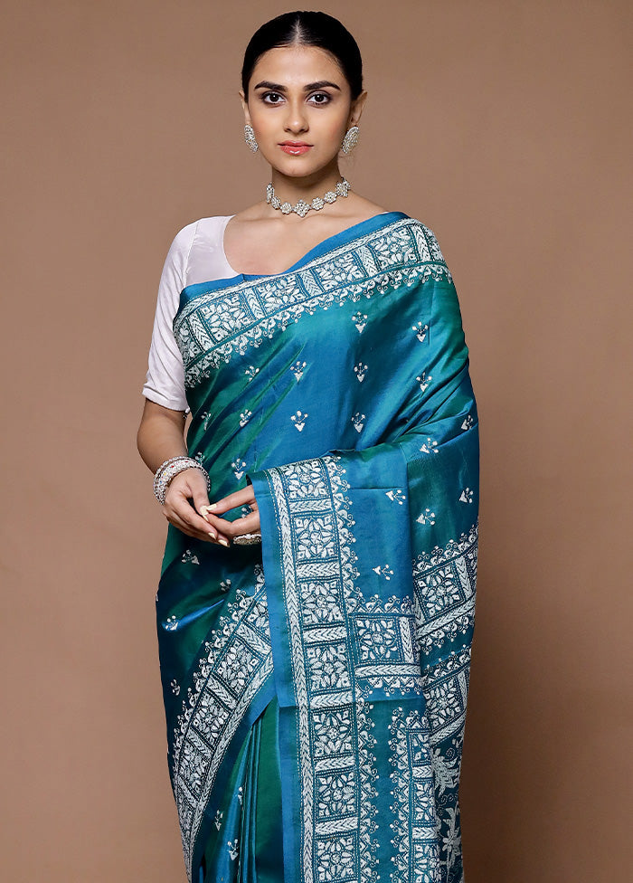 Blue Handloom Kantha Stitch Pure Silk Saree With Blouse Piece Discount View