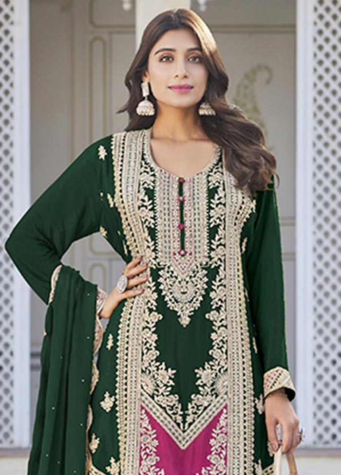 3 Pc Green Semi Stitched Silk Suit Set Best Pices For Sale