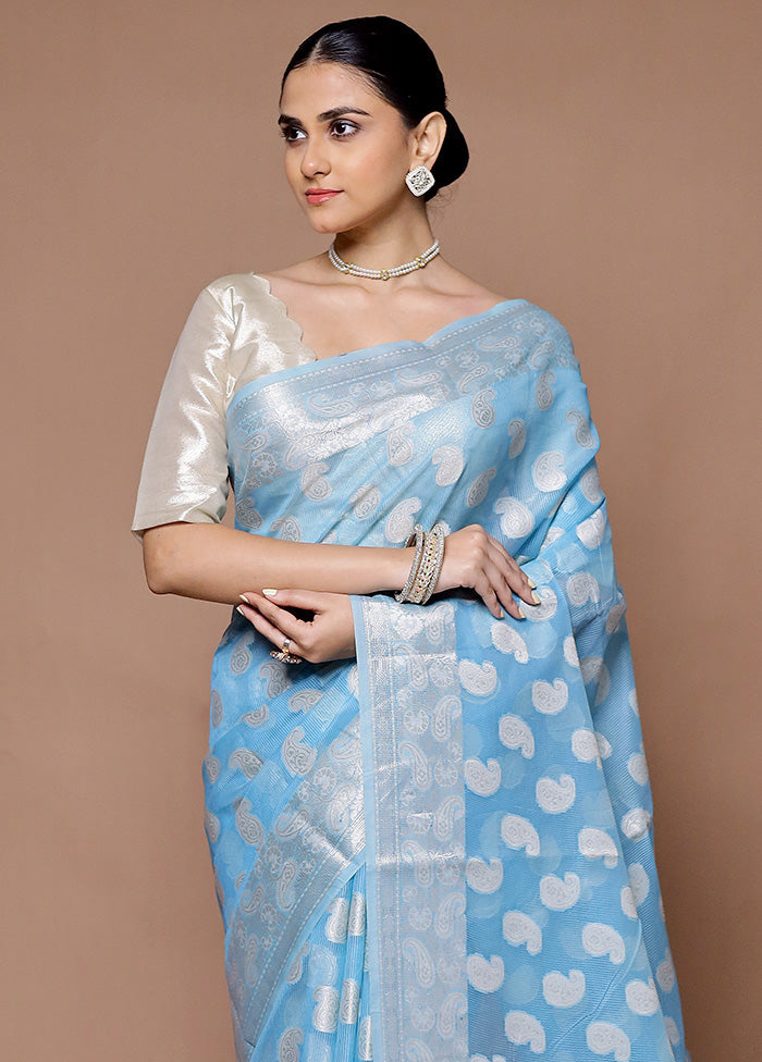 Blue Kora Silk Saree With Blouse Piece Clearance Find Great