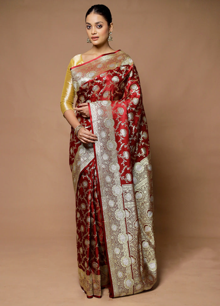 Red Banarasi Silk Saree With Blouse Piece Clearance High Quality