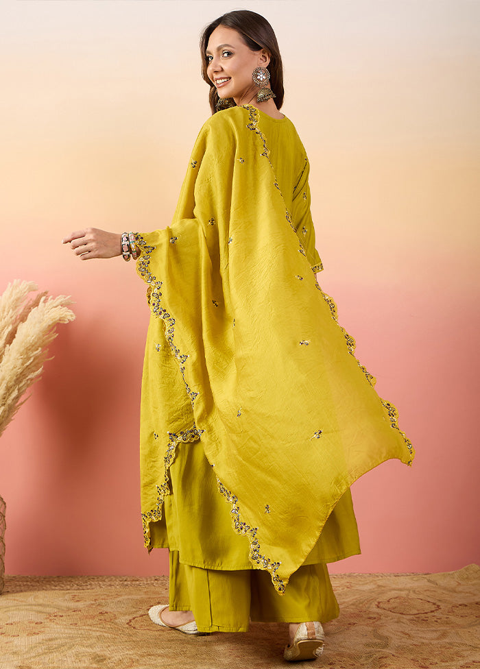 3 Pc Yellow Pure Readymade Silk Suit Set Buy Cheap Cheapest