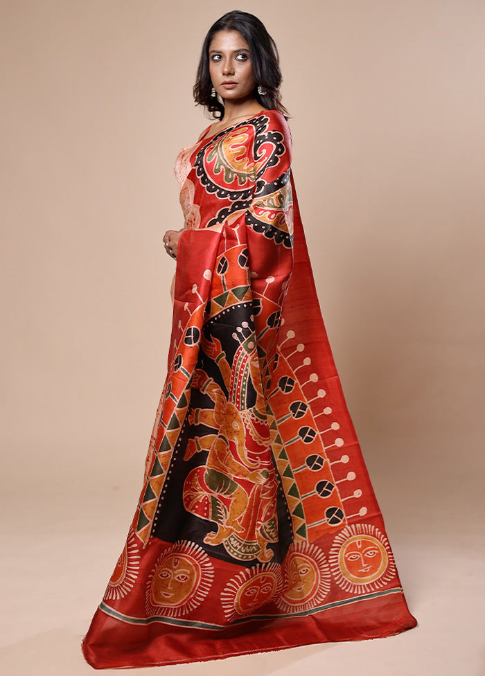 Orange Printed Pure Silk Saree Without Blouse Piece Get To Buy