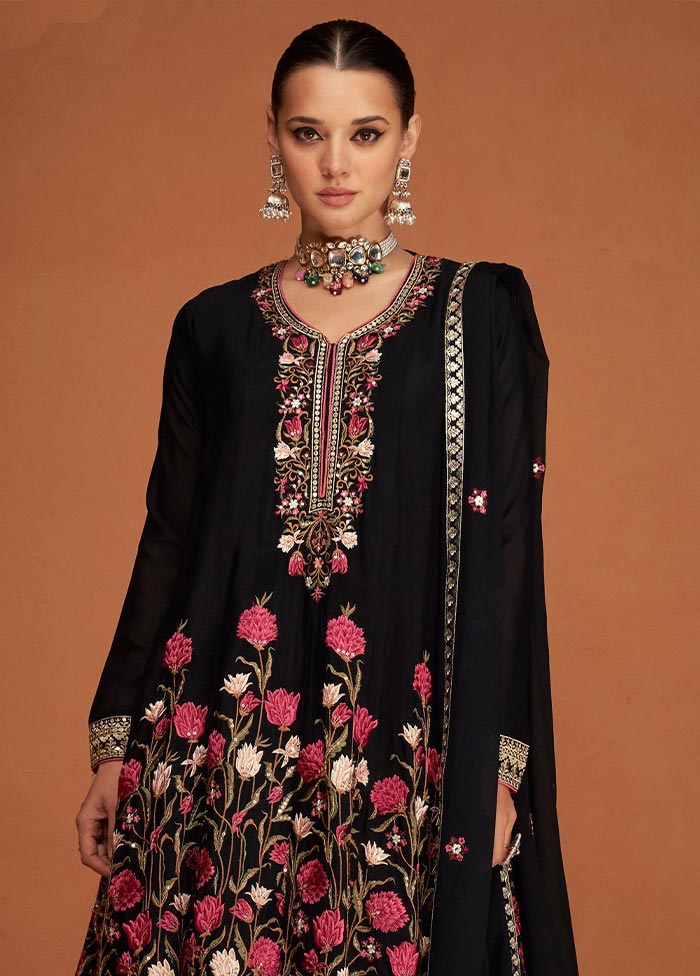 3 Pc Black Semi Stitched Georgette Suit Set Perfect Sale Online